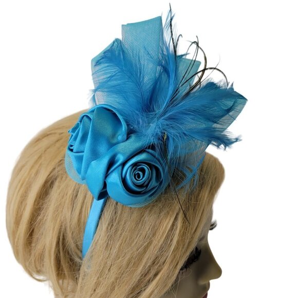 Blue Roses Headband Fascinator with Bows and Blue Feathers - Picture 6 of 15